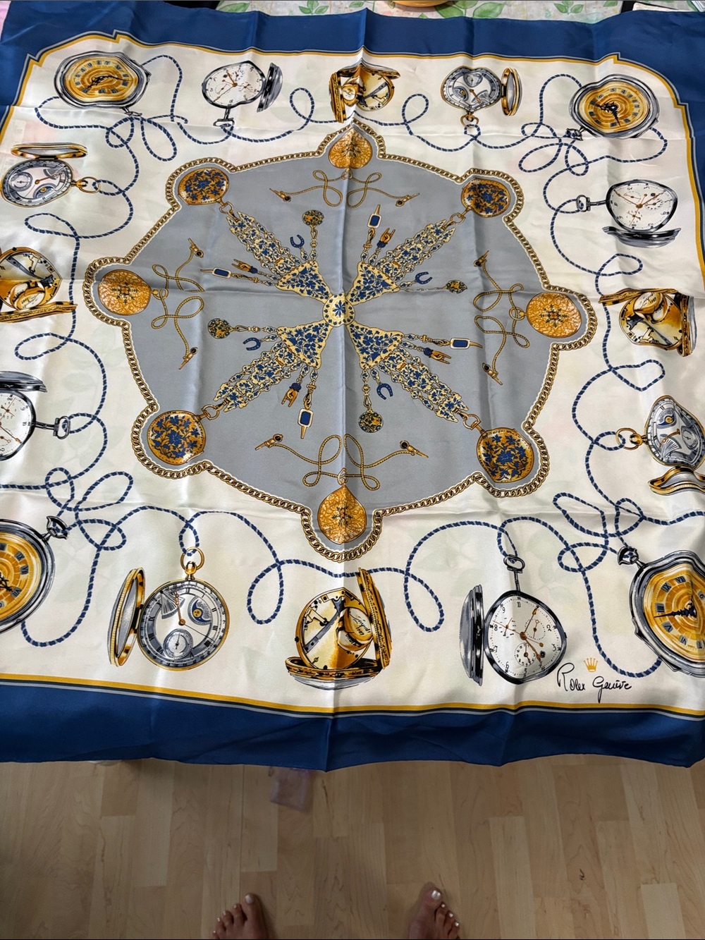 ROLEX New never worn Elegant Pocket Watch Print Silk Scarf in Blue, Gold & Ivory